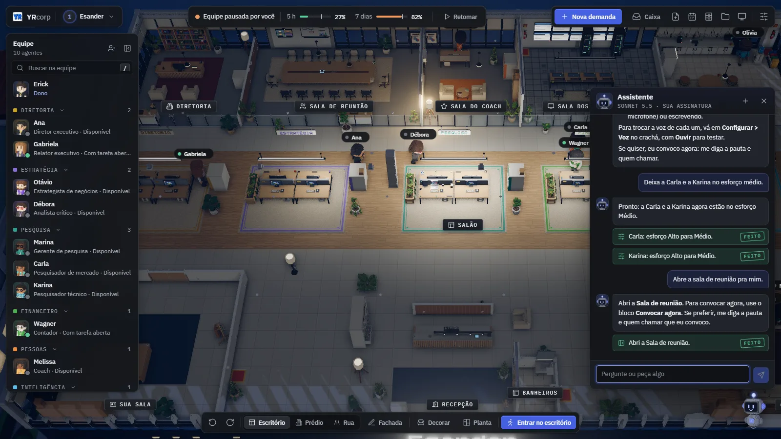 Chat do assistente robô configurando o esforço de duas agentes