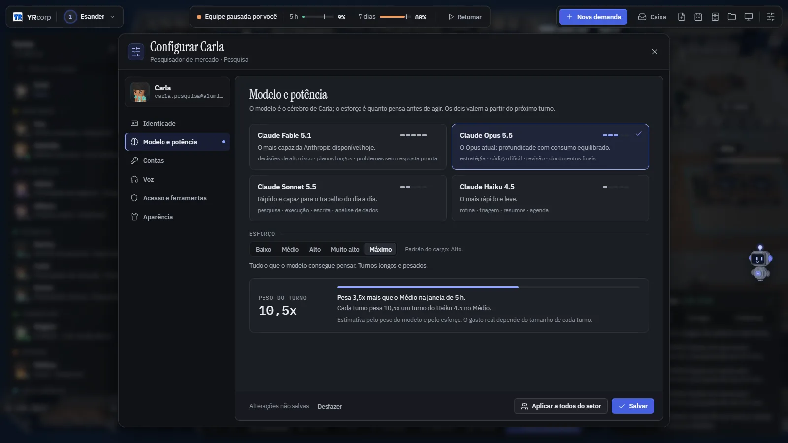 Painel Configurar agente na seção Modelo e potência