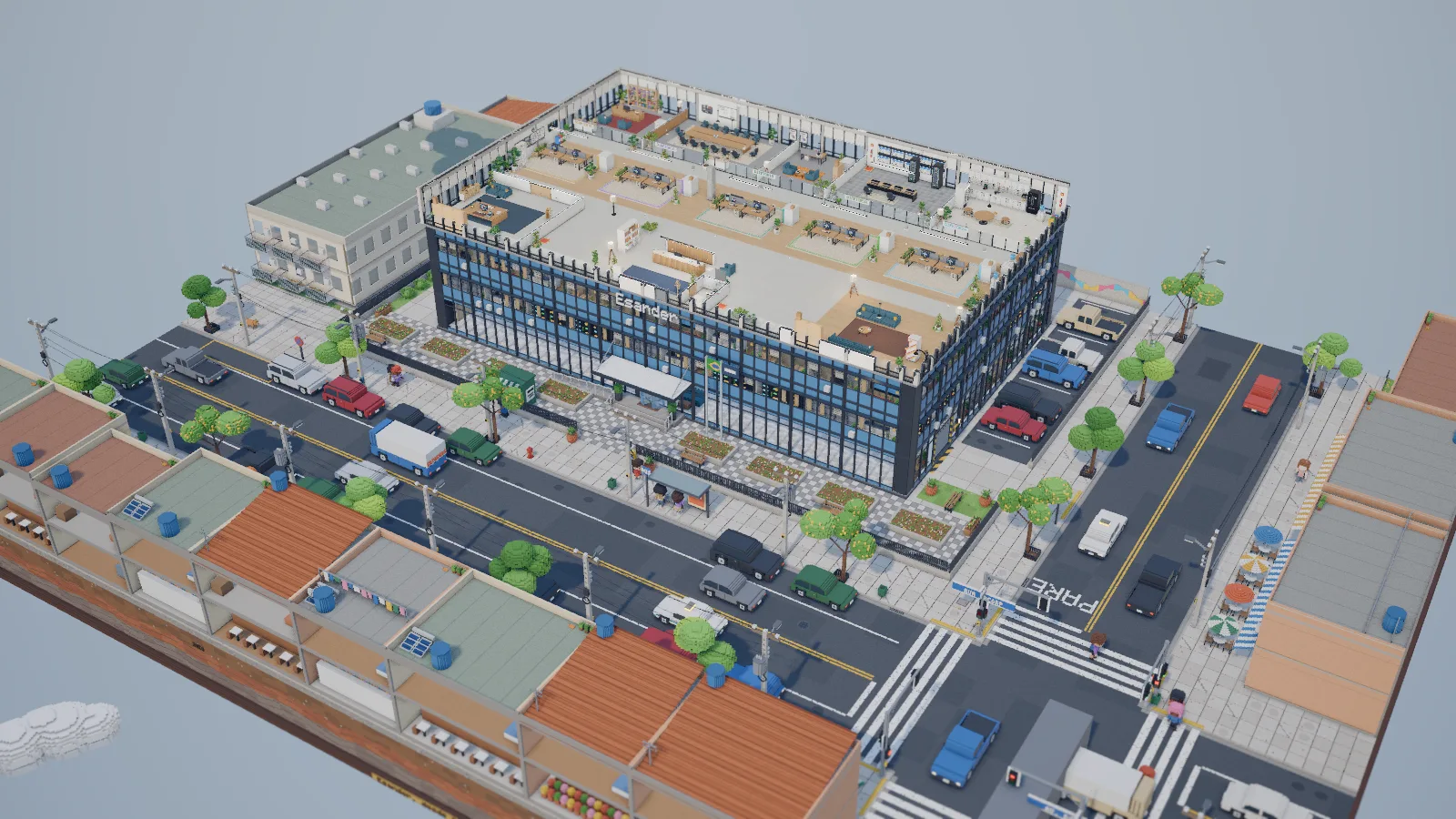 O prédio do escritório numa esquina de cidade em voxel