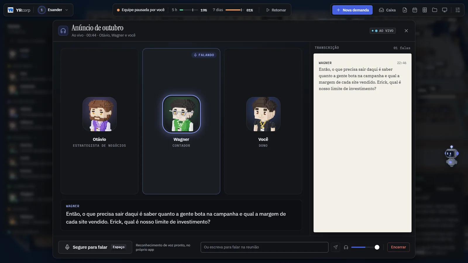 Reunião ao vivo com um agente falando e a transcrição ao lado
