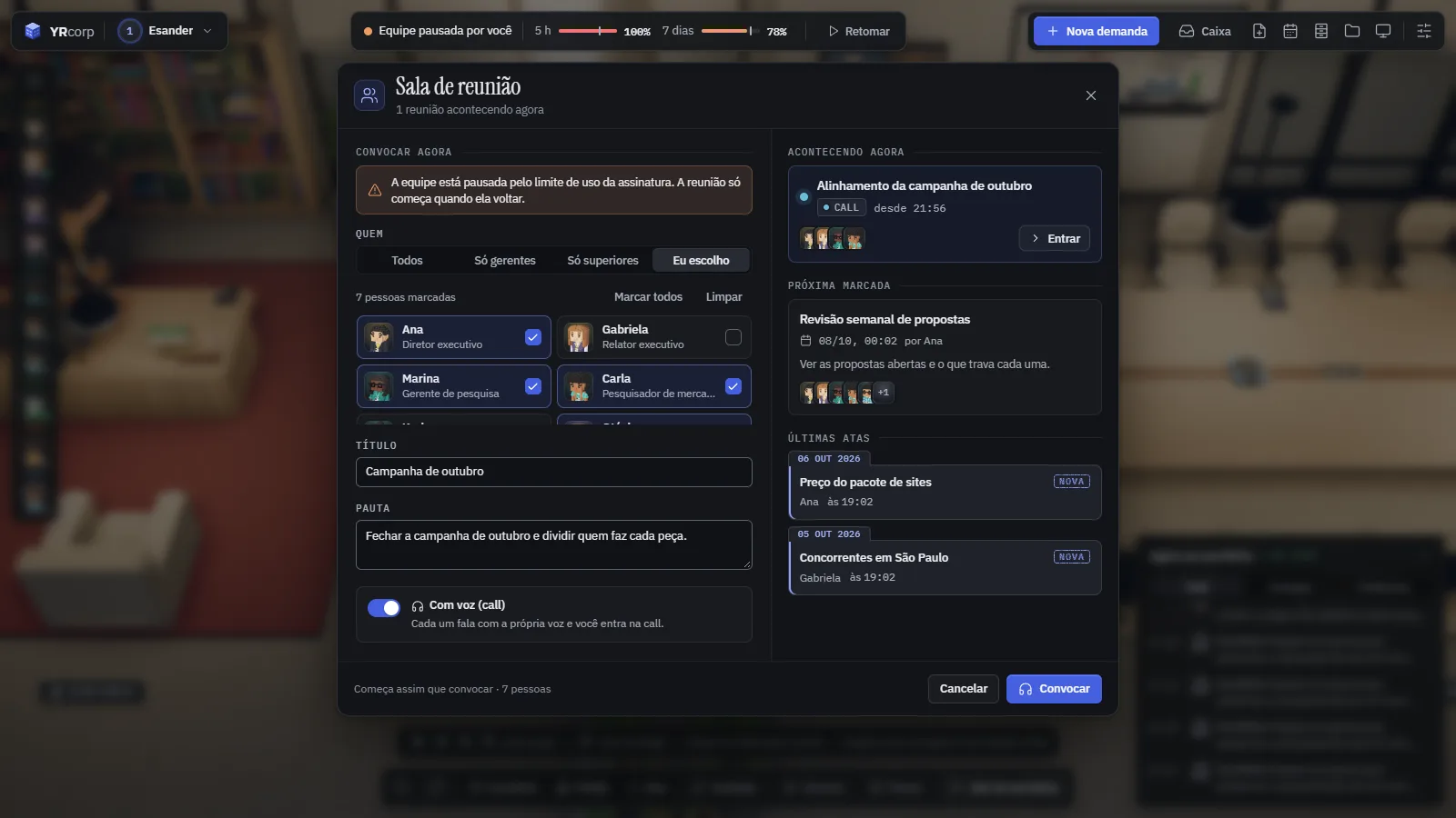 Janela da sala de reunião para convocar a equipe